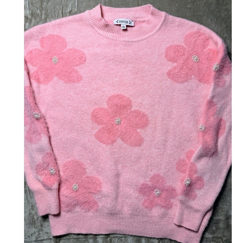 Nanette Lepore Floral Embellished Fuzzy Sweater Coquette S Soft Girl Y2K Girlie